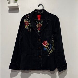 Christina Black Jean Jacket with Floral Embroidery